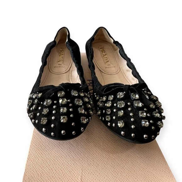 Prada Black Suede Jeweled Ballet Flats, size 39 EU, Original box, dust bag - Picture 8 of 14